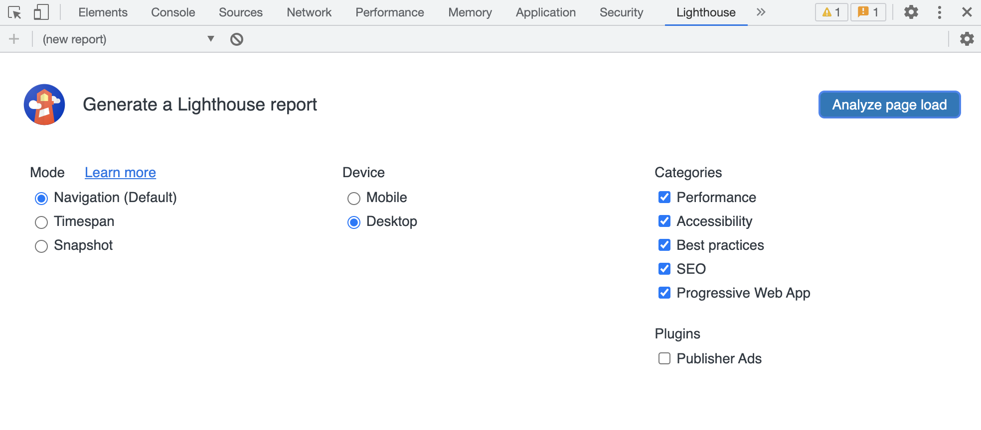 Google Chrome Lighthouse panel